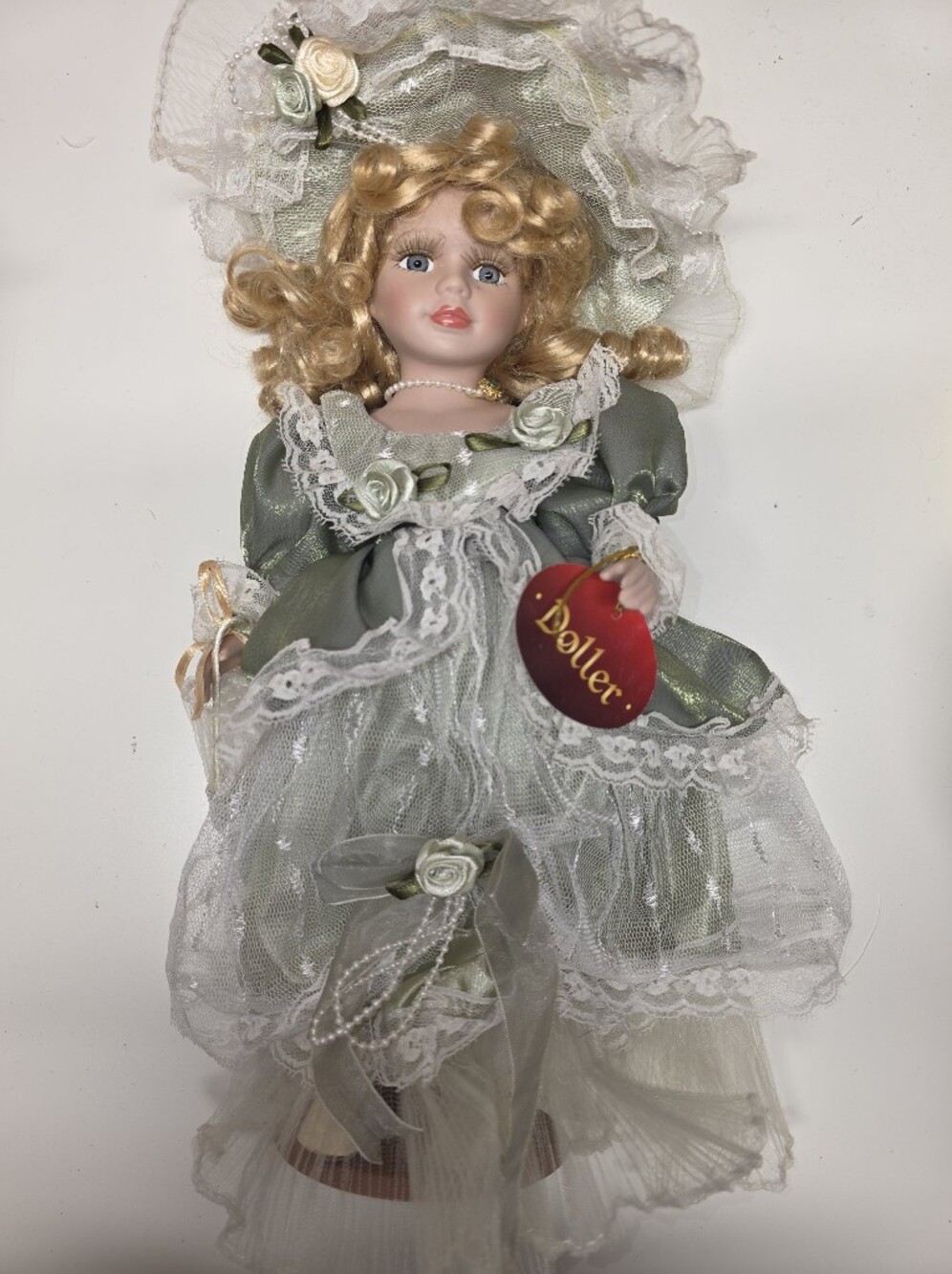 Doller Porcelain Doll in Sage Green With Umbrella Collectible Y2K